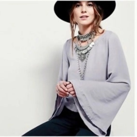 Free People Geometric Abstract Chevron Boatneck Statement Flare Bell Sleeve Top - Picture 3 of 16